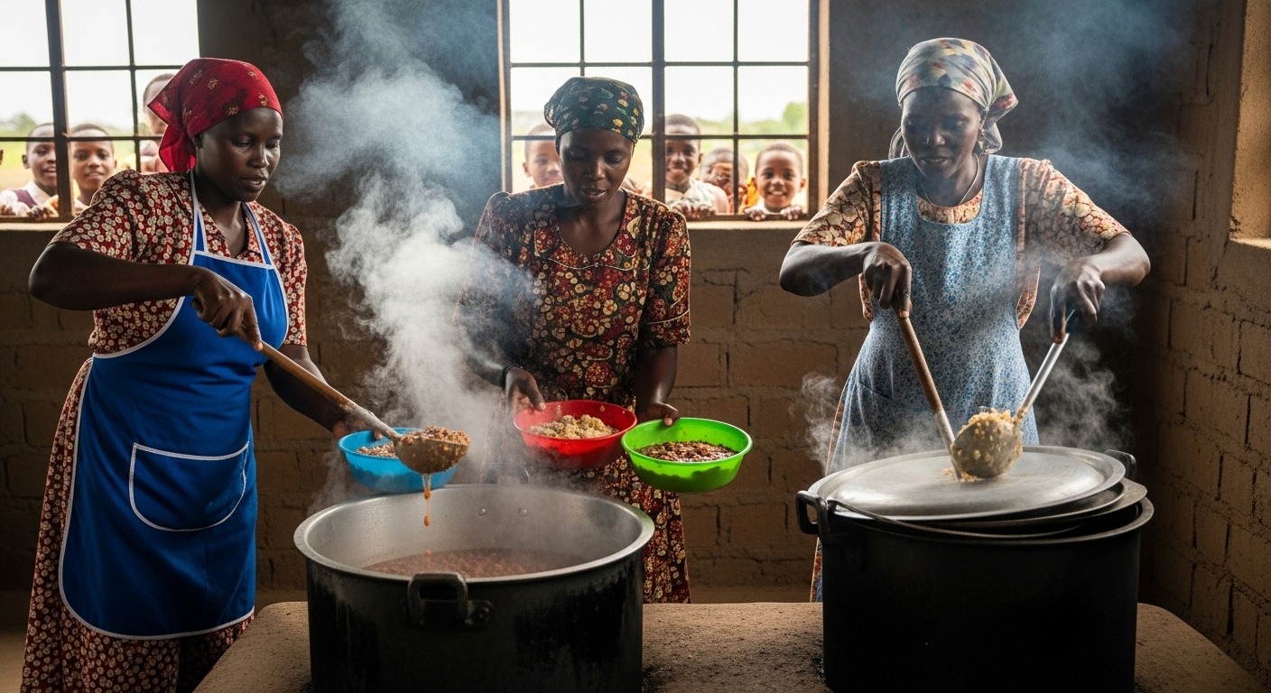 School feeding programme in West Pokot County — children receiving nutritious daily meals at primary school, improving attendance and learning outcomes