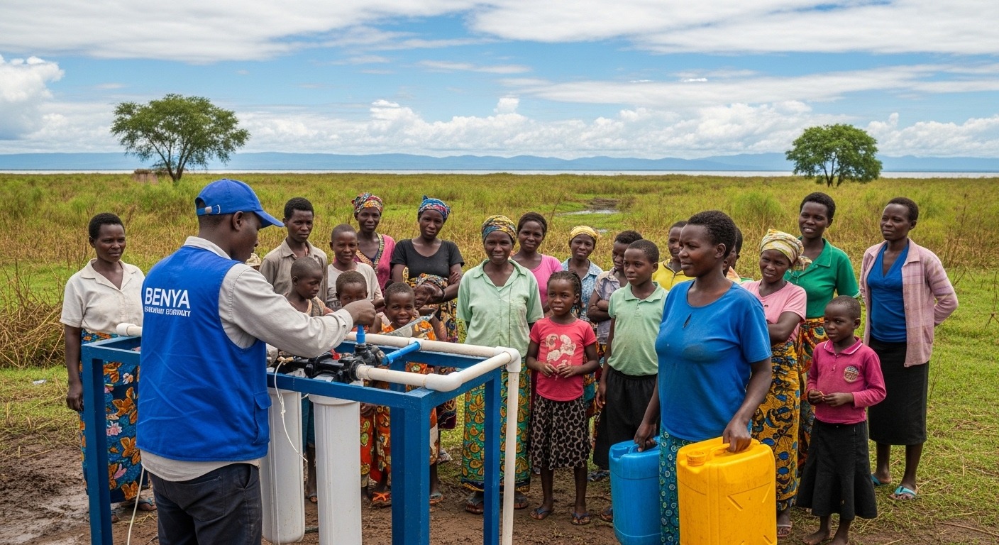 Kenyan community at new clean water well — Busia County